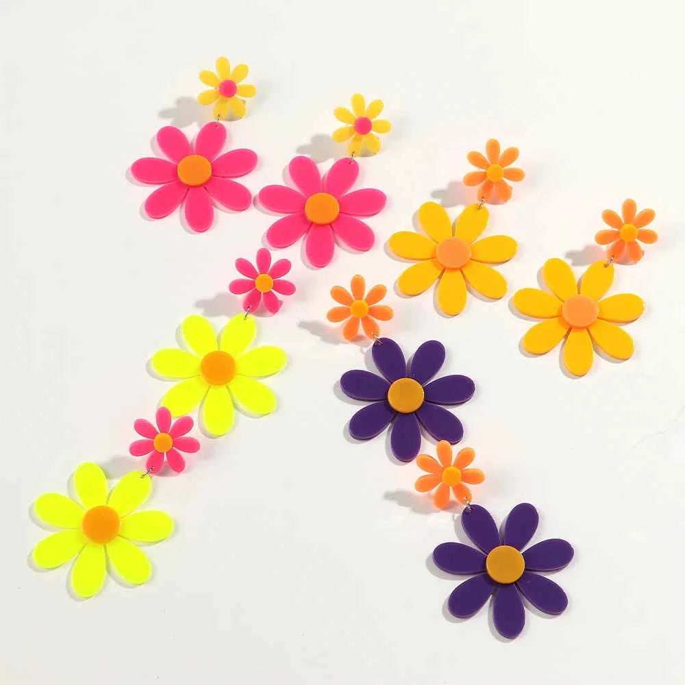 Boho Colorful Acrylic Sunflower Long Earrings for Women Korean Trendy Big Daisy Flower Drop Earring Cute Jewelry Birthday Gifts
