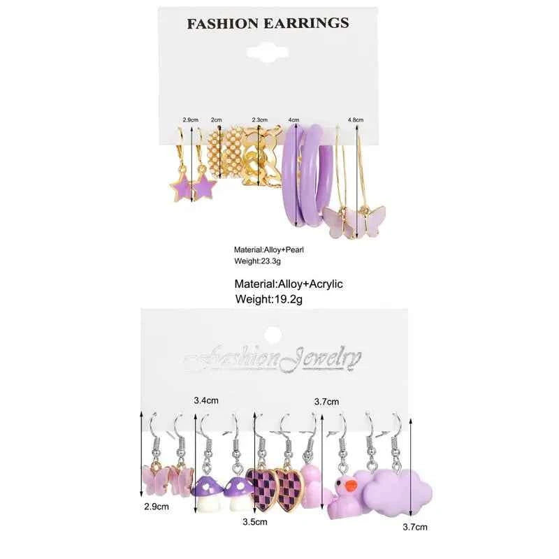 10pcs Set Of Ladies Earrings Purple Pentagram Creative Pearl Duck Mushroom Cartoon Earrings