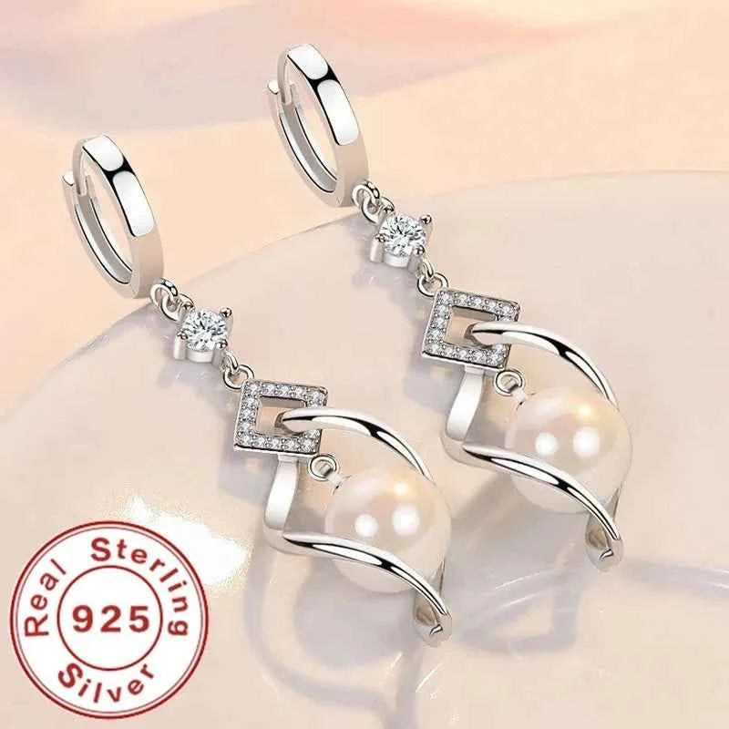 925 Sterling Silver Crystal Zirconia Natural Pearl Earrings, Women's Fashion Gorgeous Wedding Engagement Party Jewelry