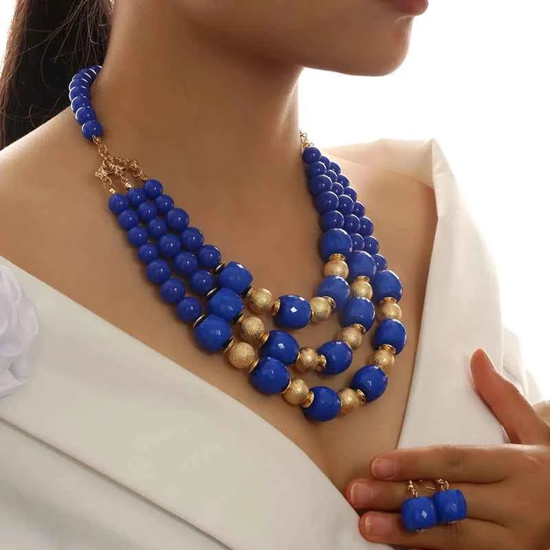 Fashion Jewelry sets Colorful Acrylic Round Beads Multilayer Necklace Earrings Set For Women Bijoux Statement Necklace Jewellery