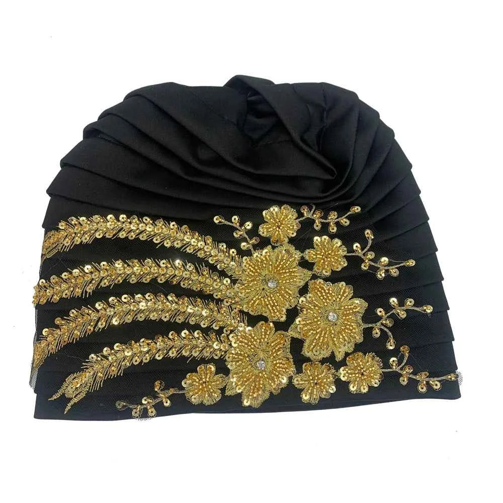 Luxury Embroidery Beading Pleated Turban Cap for Women African Female Wrap Head Bonnet Muslim Turban Hat Lady Head Wraps - NamafadStore