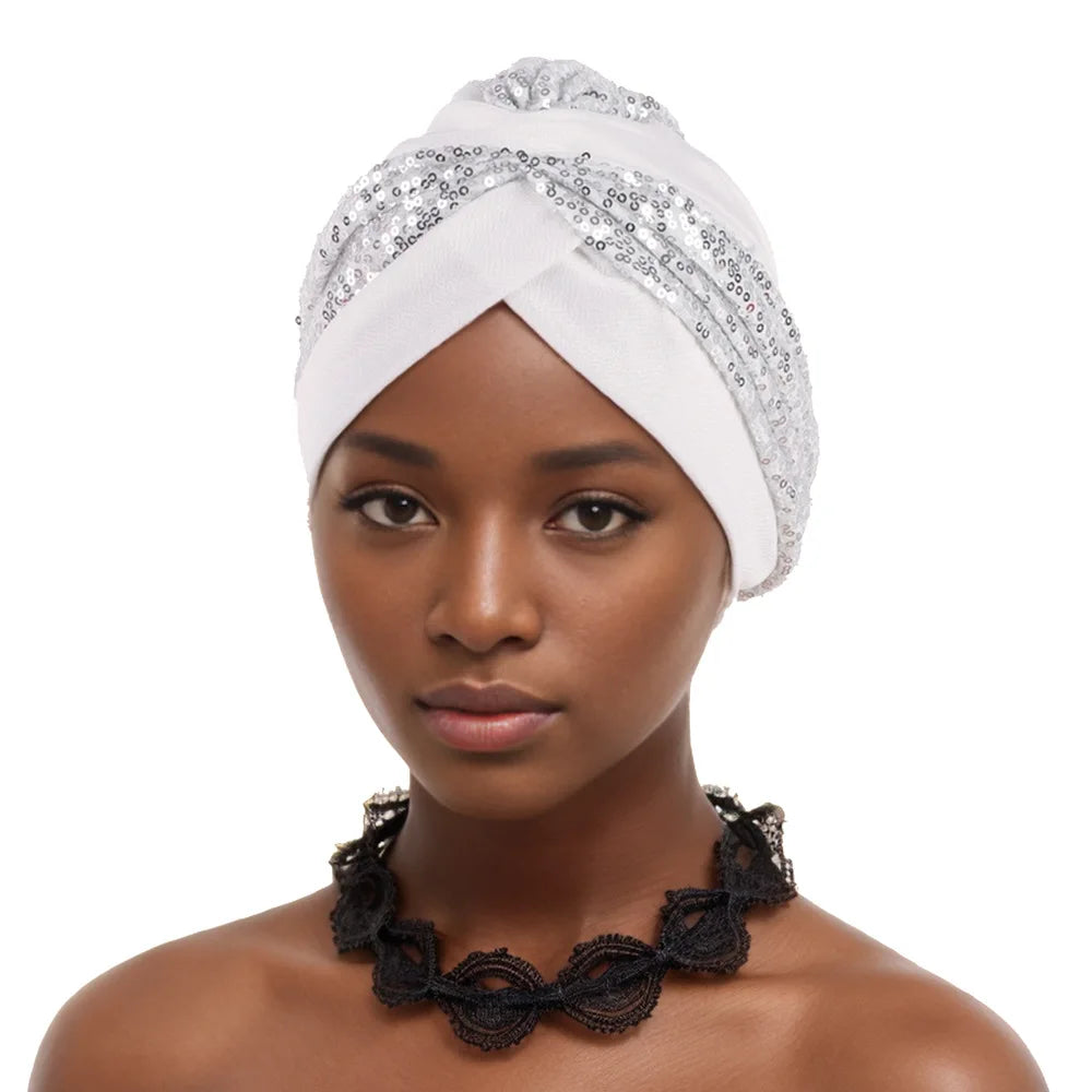 Shining Sequins African Turban Cap Female Head Wraps Muslim Headscarf Bonnet Hijab Hat Nigeria Wedding Party Headpiece - NamafadStore