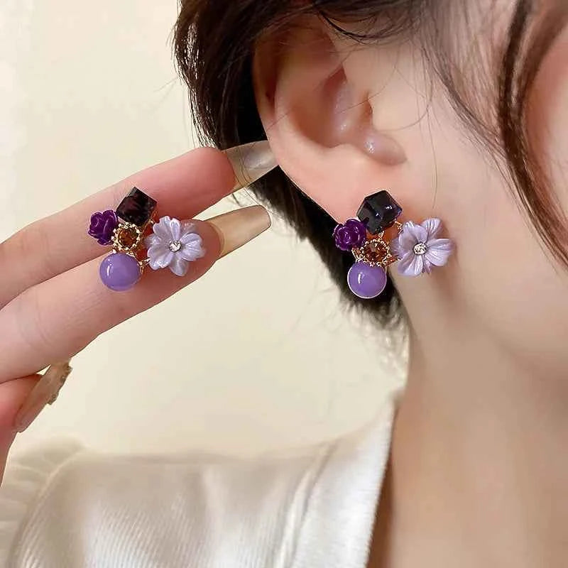 Yellow Purple Green Blue Flower Stud Earrings for Women Korean Fashion Acrylic Rhinestones Crystal Party Ear Jewelry Girls Gift