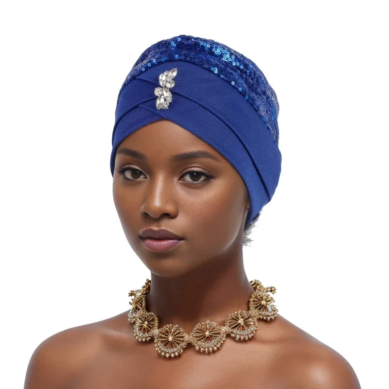 Muslim Headscarf Cap Lady Headwrap Hat Turbante Mujer Sequins Turban Cap for Women Cross Forehead Wrap Head Bonnet - NamafadStore