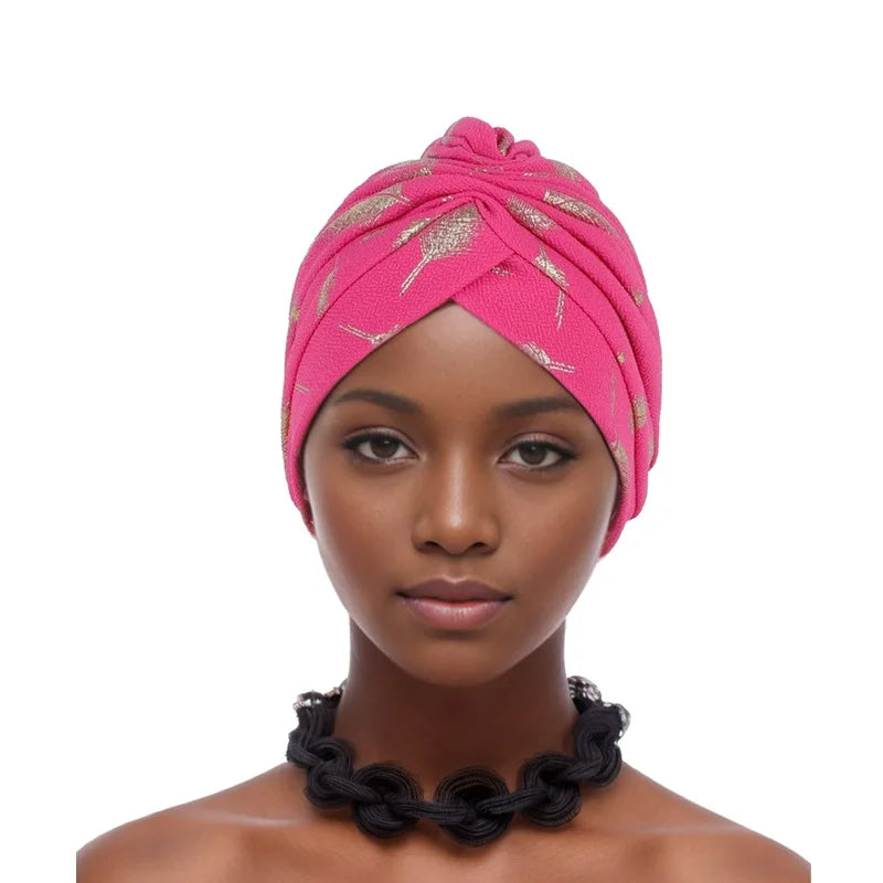 Feather Gold Stamping Fabric Turban Cap for Women African Wrap Head Bonnet Muslim Under Scarf Hat Turbante Mujer - NamafadStore