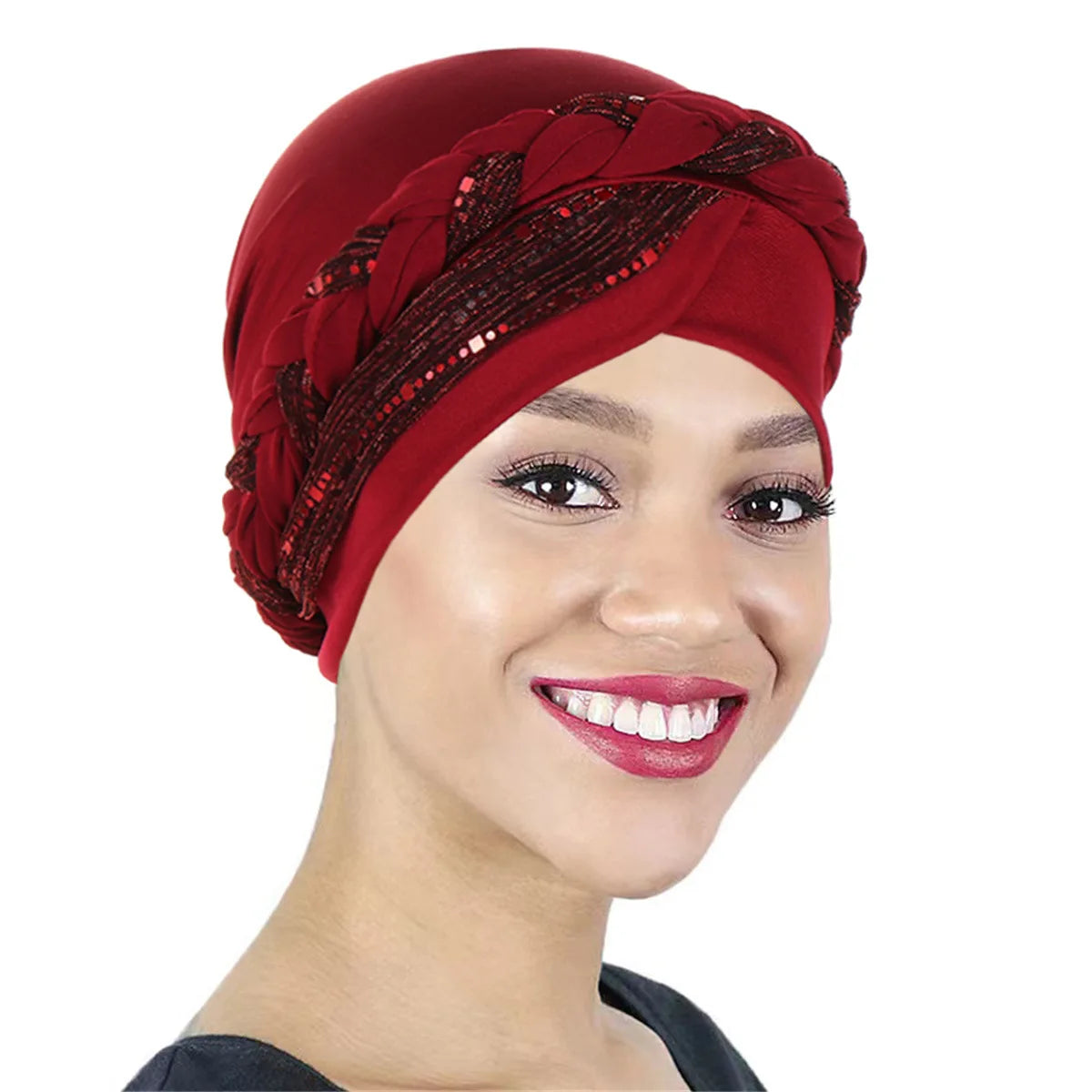 Color Blocked Bright Silk Braid Women Hijabs Turban Hat Solid Color Head Wraps Pre-tied Elastic Head Scarf Beanies Chemo Cap - NamafadStore