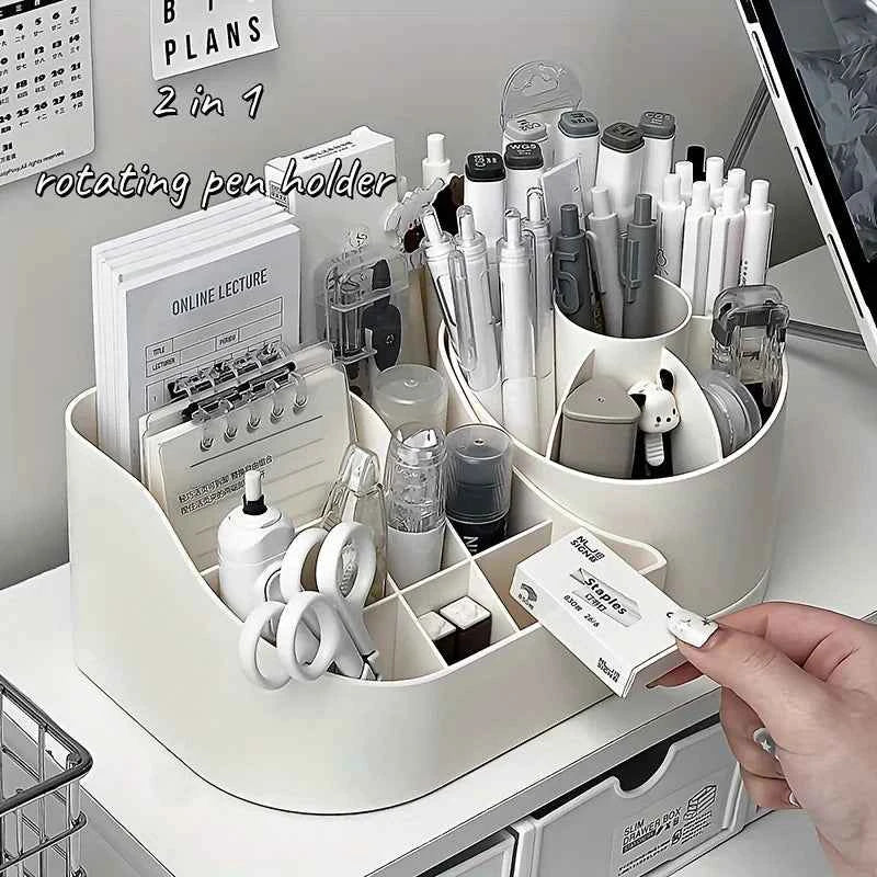 1pc Multi-Functional 2-in-1 Desk Organizer with 360-Degree Rotating Pen Holder, Large Capacity Plastic Storage Caddy for Office