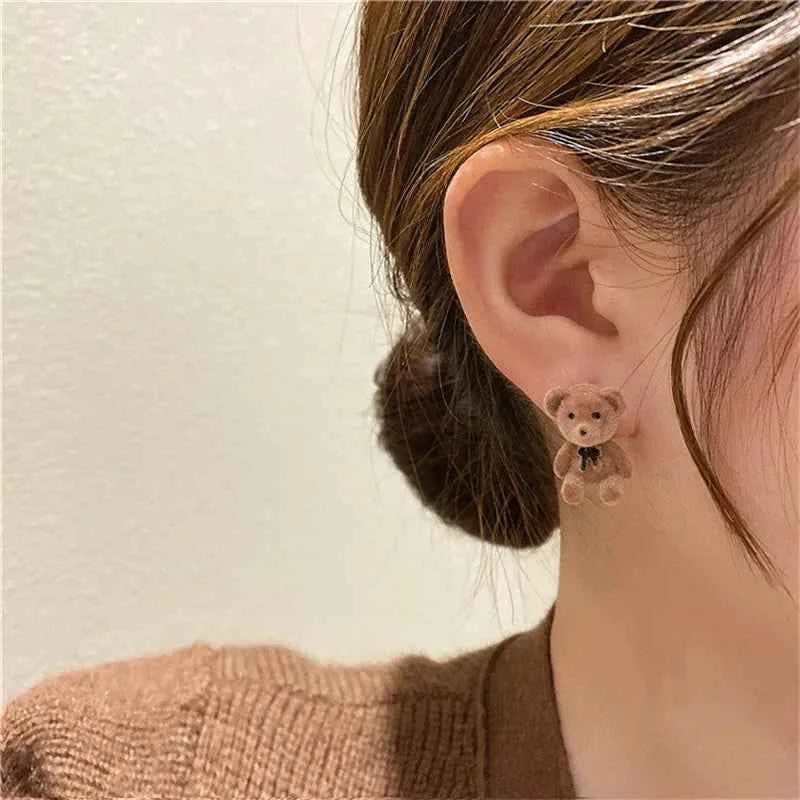 New Design Cute Flocking Plush Rabbit Stud Earrings for Women Korean Fashion Brown Animal Bear Earring Jewelry Party Girls Gift