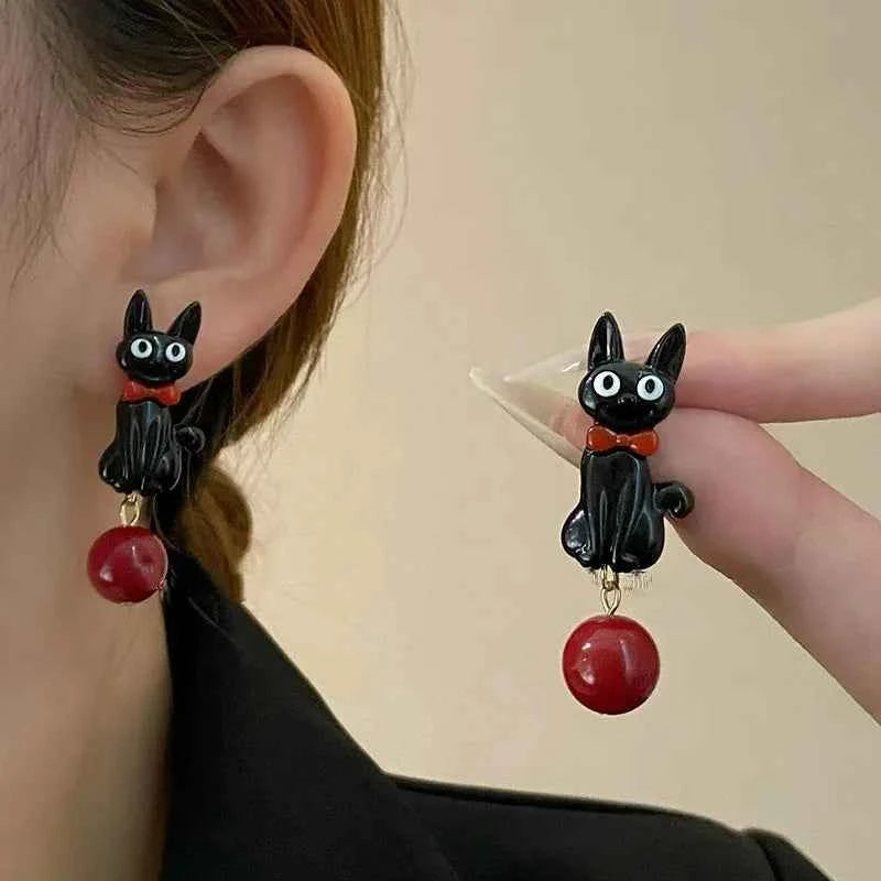 Sweet Cartoon Black Cat Cool Earrings Fashionable Women Girls Personality Temperament Red Pearl Pendant Earrings Simple Gift