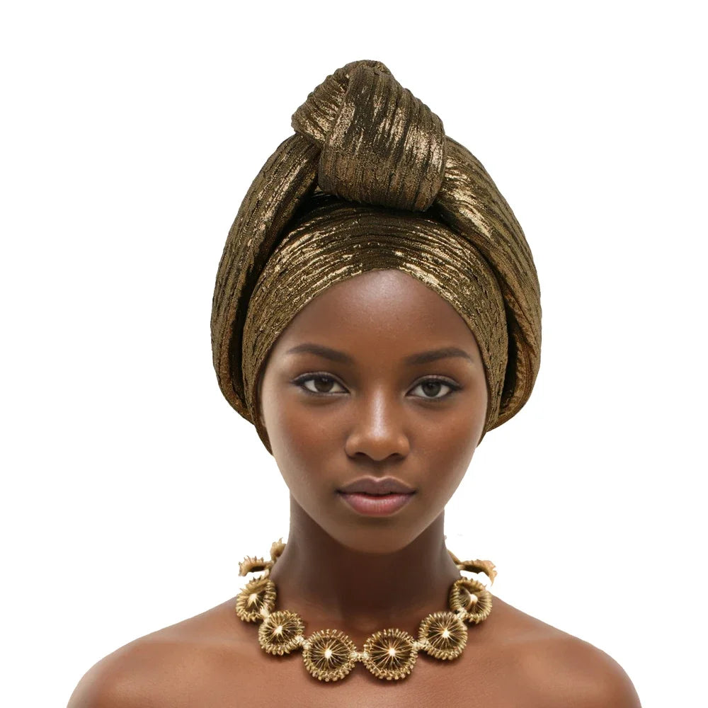 Glitter Fabric African Auto Gele Headtie Nigeria Party Headwear Turbante Mujer Knoted Turban Cap Women's Head Wraps - NamafadStore