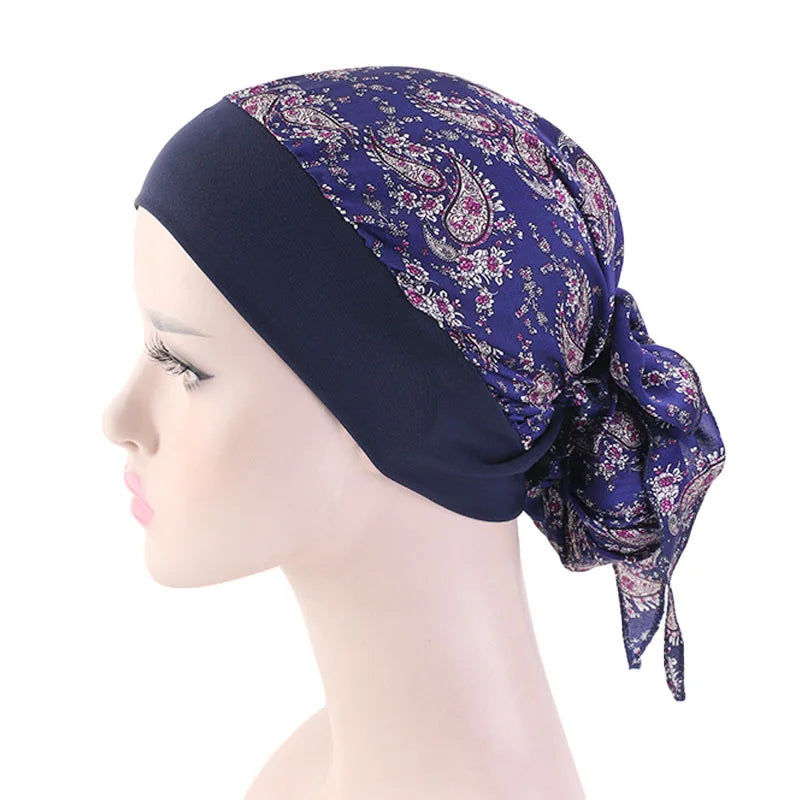 Muslim Women Headwear Turbans Silky Head Scarf With Wide Band Printed Sleeping Hat Hijab Bonnet Hair Cover Ready To Wear - NamafadStore