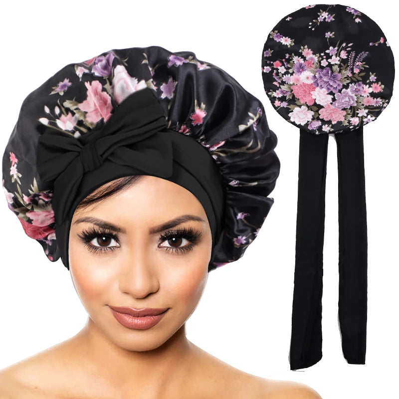 New Women Floral Satin Bonnet Printed Elegant Hair Bonnet with Tie Band Elastic Sleeping Night Cap Lightweight Shower Bath Cap - NamafadStore