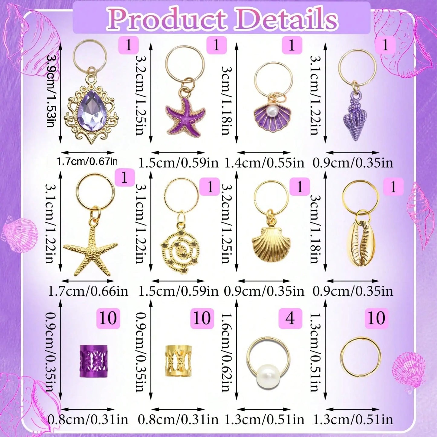 42pcs Ocean Starfish Shell Hair Rings Set Nautical Theme Braid Hair Charm Beach Vacation Hair Cuffs Set