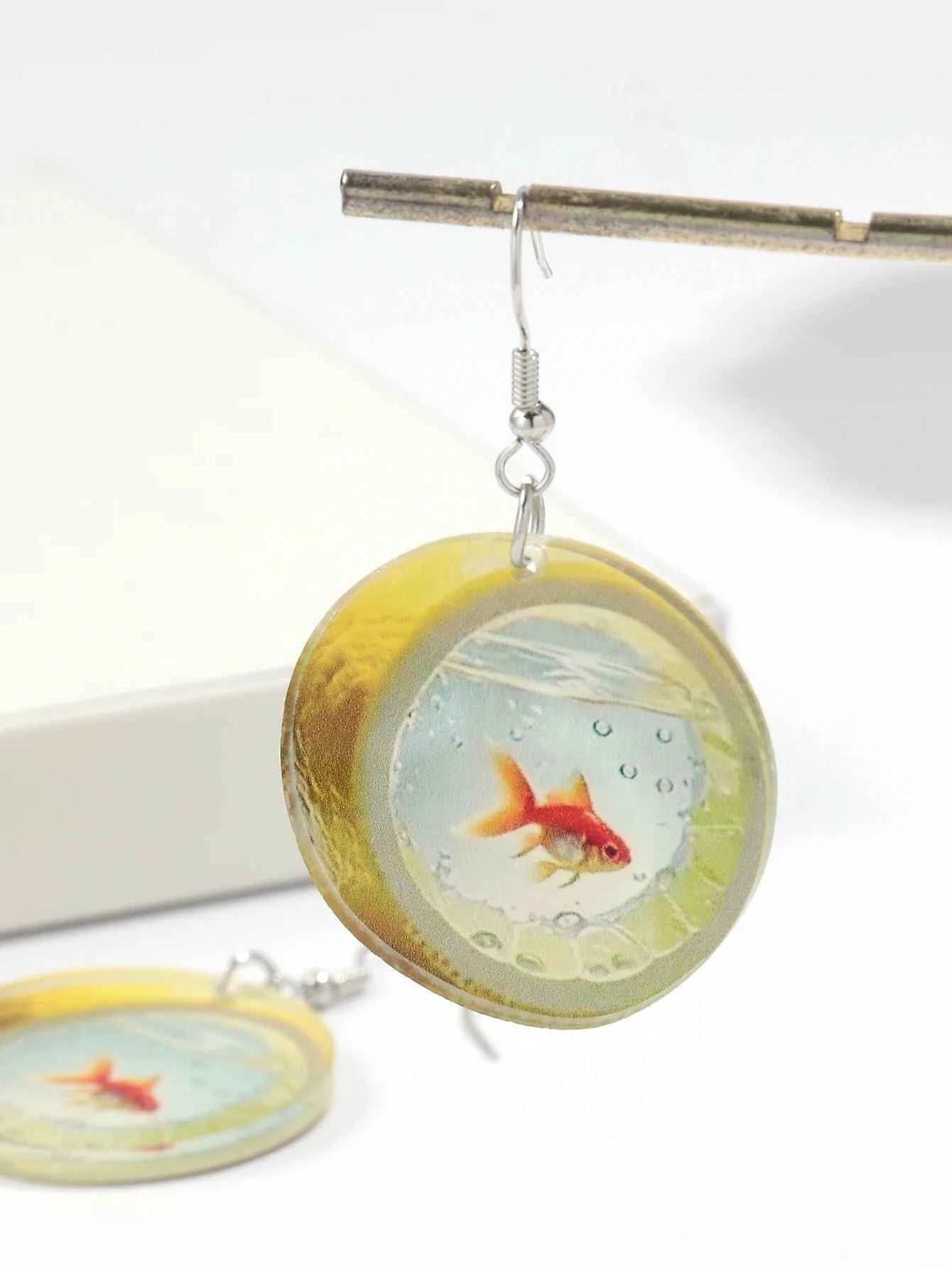 Cute Cartoon 2D Lemon Fish Acrylic Print Drop Earrings for Women Funny Round Carp Dangle Earring Creative Jewelry Birthday Gift