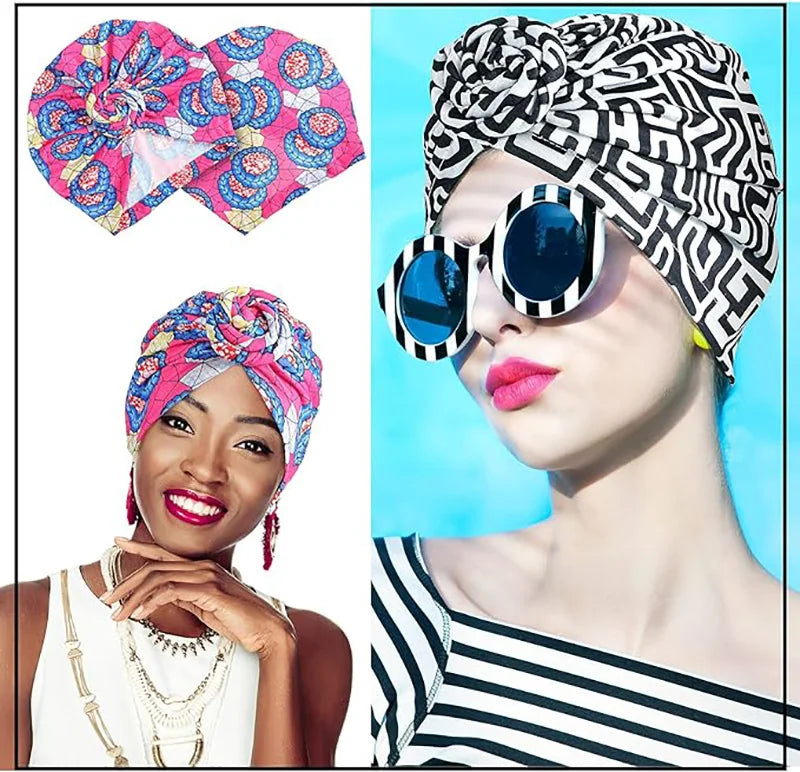 New African Print Pleated Turban Floral Beanie Knot Flower India Head Wrap Elegant Women Chemo Cap Bandana Headwear Head Cover - NamafadStore