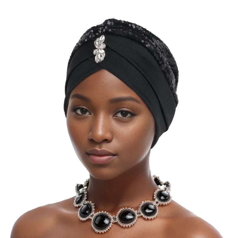 Muslim Headscarf Cap Lady Headwrap Hat Turbante Mujer Sequins Turban Cap for Women Cross Forehead Wrap Head Bonnet - NamafadStore
