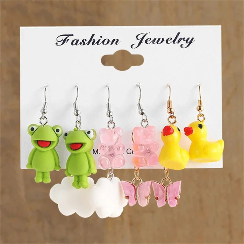 Colorful Butterfly Heart Cartoon Dangle Earrings Set For Women Girl Kids Cute Duck Clouds Resin Drop Earring Jewelry Accessories