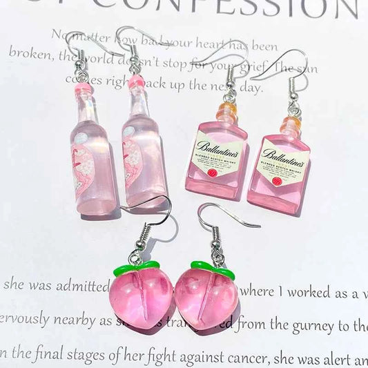 Transparent Pink Bottles Peach Drop Earrings Cute Funny Romantic 3D Simulation Fruit Drink Pendant Earring Women Gift Jewelry