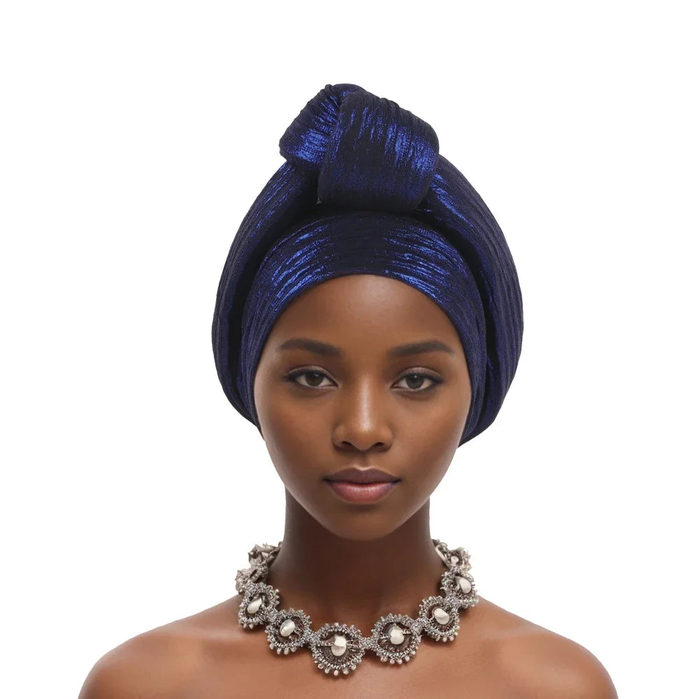 Glitter Fabric African Auto Gele Headtie Nigeria Party Headwear Turbante Mujer Knoted Turban Cap Women's Head Wraps - NamafadStore