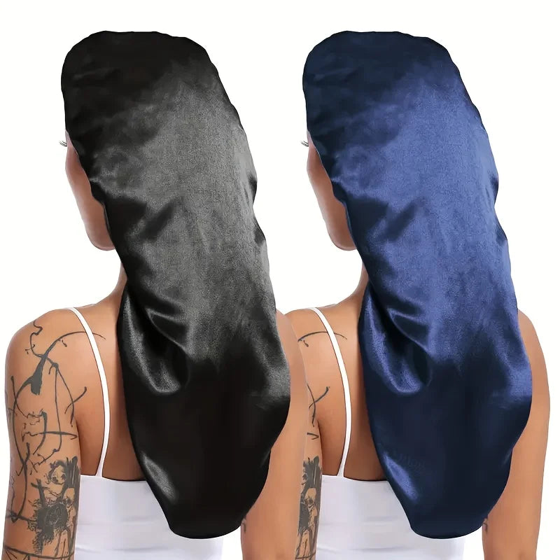 2pc Long Silky Sleep Bonnet For Straight Curly Hair, Extra Large Hair Bonnets For Dreadlock And Braids, Satin Sleeping Caps - NamafadStore