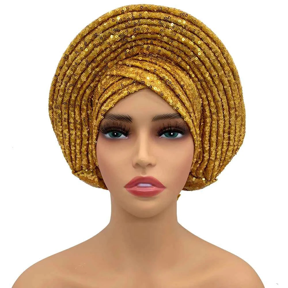 Sequins Auto Gele Headtie African Women's Head Wraps Fashion Turban Cap Nigeria Wedding Geles Already Made Head Ties Headpiece