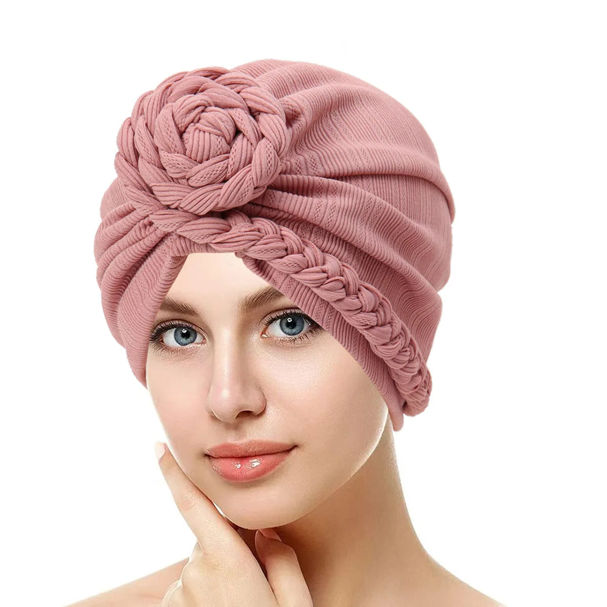 Trendy Crinkle Hijab Solid Color Muslim Ladies Turban Bonnet with Flower Decor for Ramadan and Everyday Wear