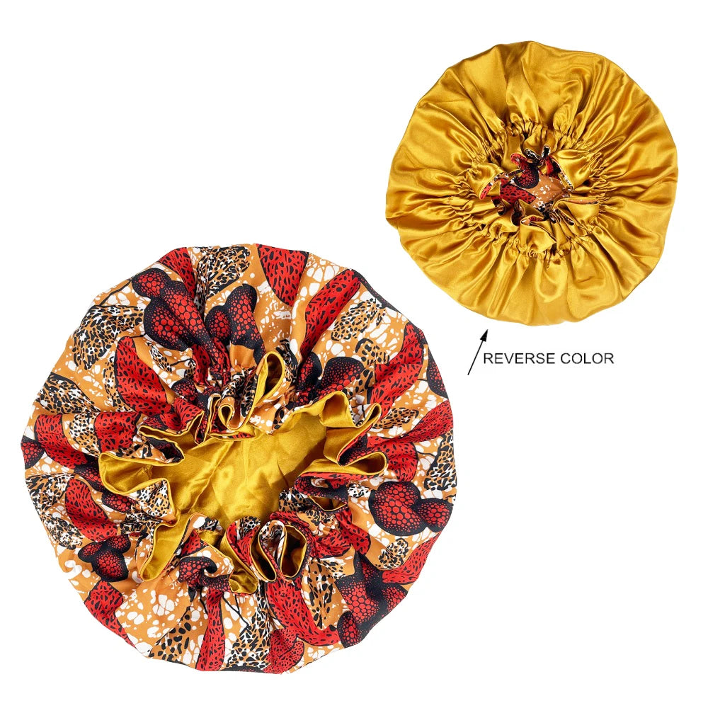 African Pattern Print Bonnet Hijabs Hat Women Night Sleep Cap Double Layer Satin Turban Extra Large Head Wear Lady Head Wrap Hat - NamafadStore