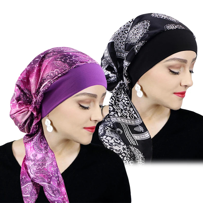 Printed Pre-tie Headscarf Women Elastic Muslim Female Turban Cancer Chemo Hat Hair Loss Cover Head Wrap Headwear Stretch Bandana - NamafadStore