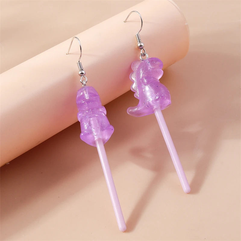 Sweet Candy Color Lollipop Drop Earrings for Women Funny Simulation Food Flower Dinosaur Dangle Hook Earrings Girls Jewelry Gift