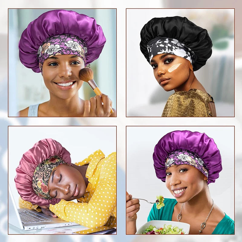New Big Size Floral Print Bonnet Satin Wide Elastic Band Beanie Night Sleep Caps Head Cover African Headwrap Turban Chemo Caps - NamafadStore