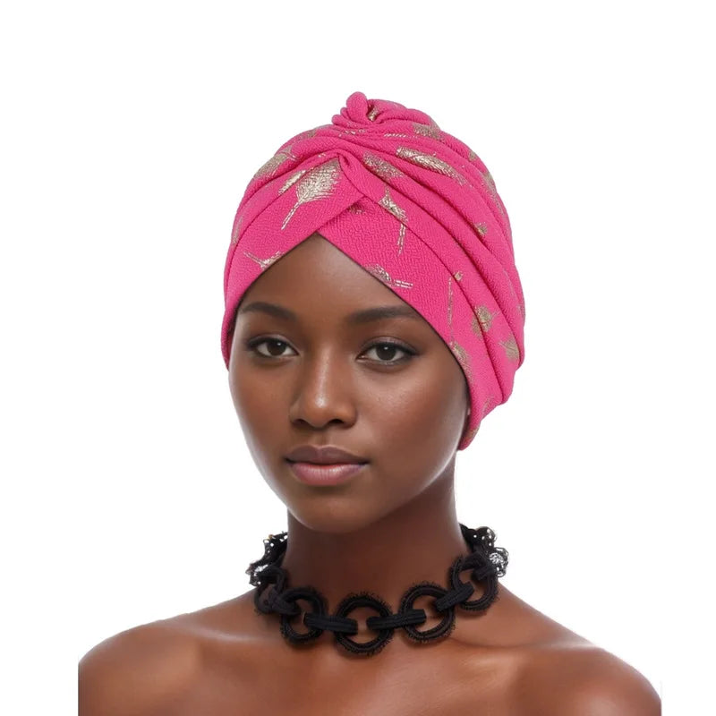 Feather Gold Stamping Fabric Turban Cap for Women African Wrap Head Bonnet Muslim Under Scarf Hat Turbante Mujer - NamafadStore