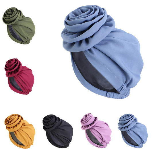 Satin Lined Woman Turban Cap Big Flower African Hat Solid Color Headwrap Bonnet Muslim Hijab Headscarf Ladies Beanies Headwear - NamafadStore