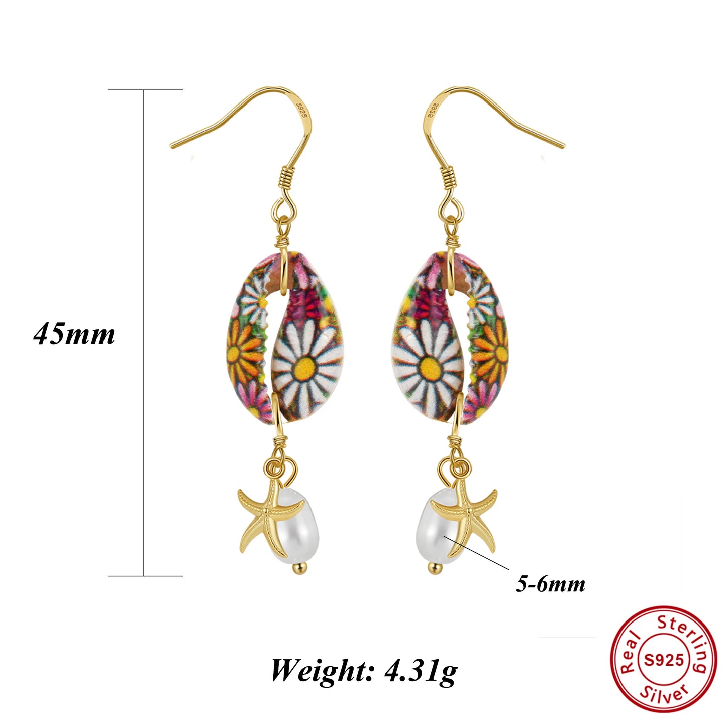 Effie Queen Natural Freshwater Pearls With Starfish Style & Floral Pattern Ornament 925 Sterling Silver Dangle Earrings GPE117