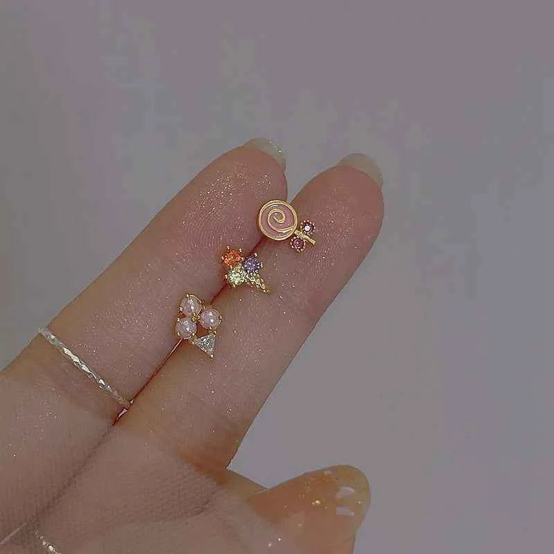 Unusual Sweet Cute Cherry Ice Cream Lollipop Stud Earrings for Women Students Personalized Fashion Party Jewelry Birthday Gifts