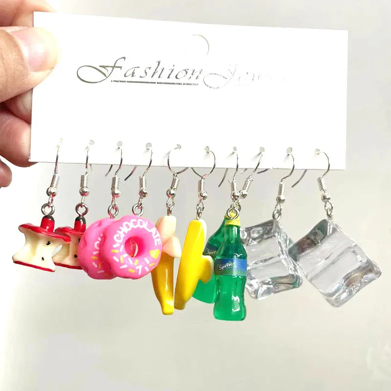 5 Pair Set Small Fresh Colored Resin Pendant Earrings Art Sweet and Cute Fruit Animal Milk Tea Earrings Female