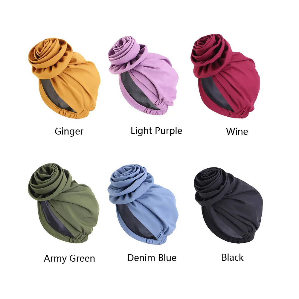 Satin Lined Woman Turban Cap Big Flower African Hat Solid Color Headwrap Bonnet Muslim Hijab Headscarf Ladies Beanies Headwear - NamafadStore