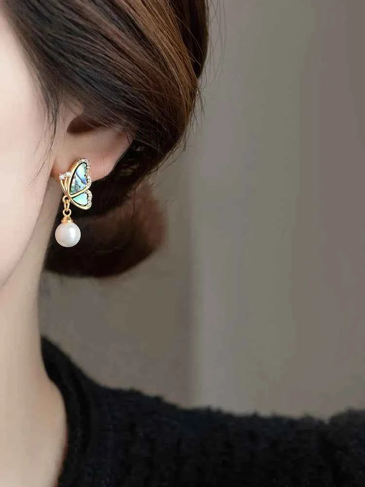 Korean new fashion jewelry 14K gold plated natural shell butterfly zircon pearl earrings elegant women's daily work accessories