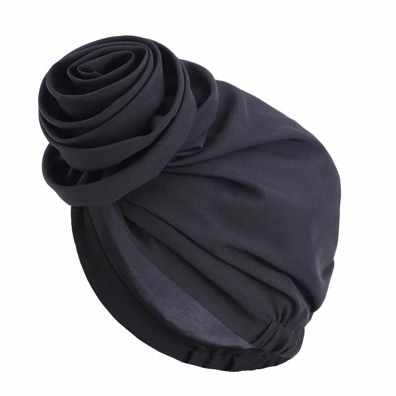 Satin Lined Woman Turban Cap Big Flower African Hat Solid Color Headwrap Bonnet Muslim Hijab Headscarf Ladies Beanies Headwear - NamafadStore