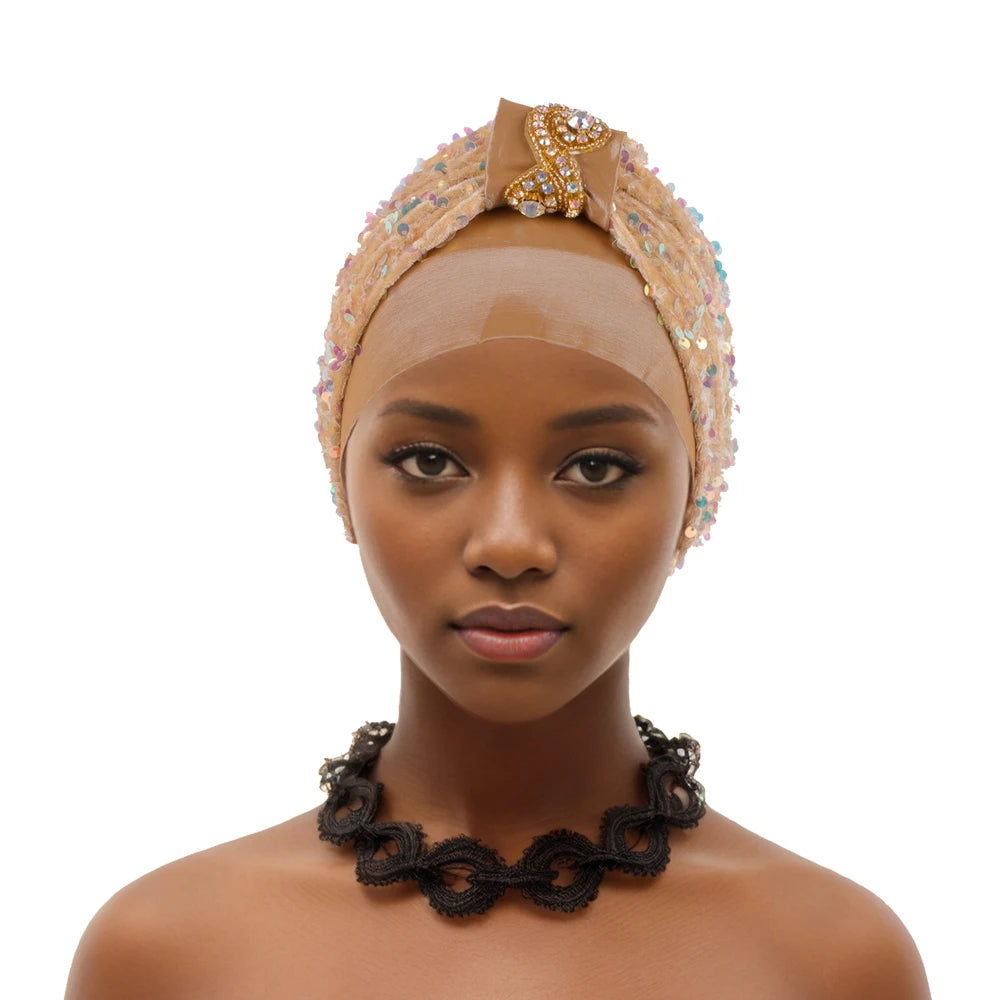 Shining Diamond Sequins Women's Turban Cap African Hat Headtie Bonnet Muslim Headwear Top Knotted Head Caps Turbante Mejur - NamafadStore