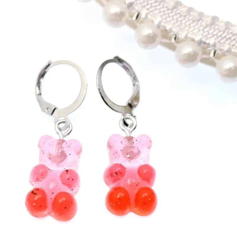 2022 Pink Bear Gummy Cartoon Dangle Earrings For Women Colorful Sequins Gradient Bear Hoop Earring Cute Girl Lucky Jewelry Gift