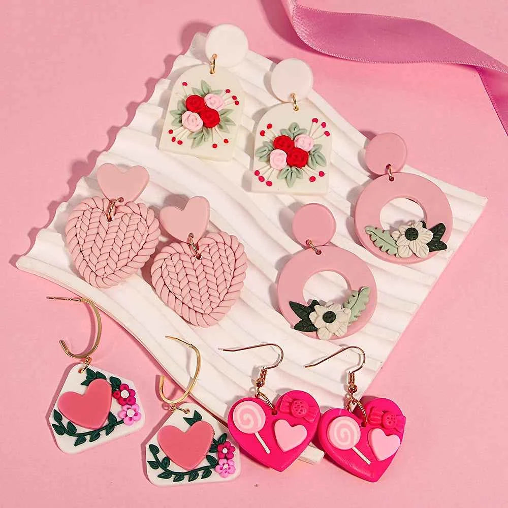 AENSOA Hollow Round Flower Earring For Women Polymer Clay Valentine's Day Girls Gift Heart Pattern Ear Accessories Jewelry INS