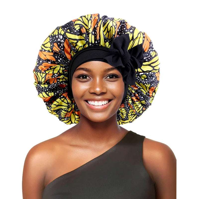 African Large Women Bonnet Satin Ribbon Sleep Cap Elastic Band Women Head Wrap Ladies Night Sleeping Cap Turban Chemo Hat - NamafadStore