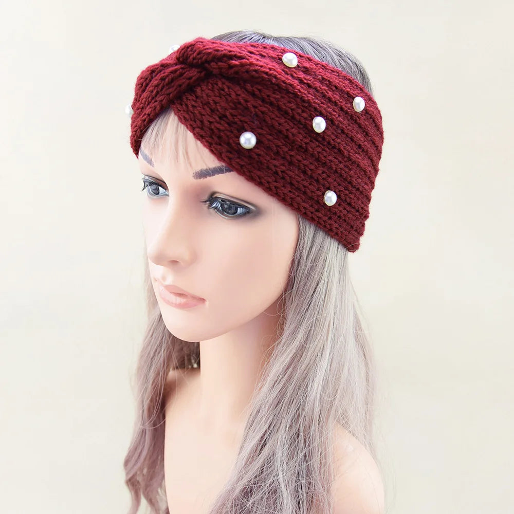 Fashion Pearls Knitted Headband Women Cross Knotted Hair Bands Autumn Winter Ear Warmer Protectors Wide Turban Hair Accessories - NamafadStore