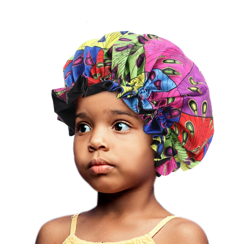 Kids Elastic Sleep Cap African Print Hair Bonnet Turban Satin Lined Cap Night Sleep Hat Children Turban Hair Wrap Styling Tools - NamafadStore