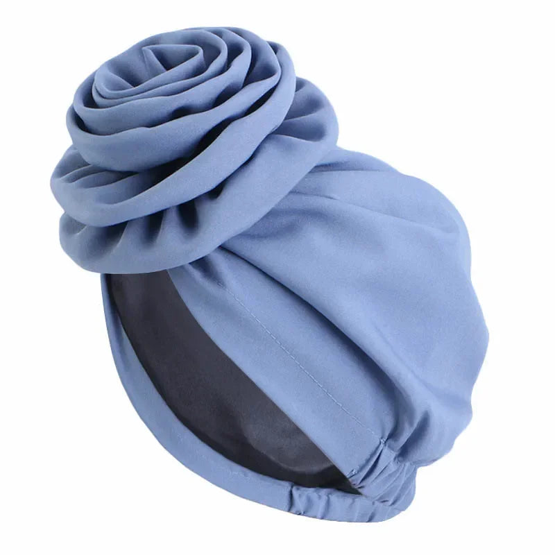 Big Flower Muslim Women Turban Satin Head Wrap Hijab Sleep Night Hat Chemo Cap Indian Elastic Beanie Ladies Hair Loss Headwear - NamafadStore