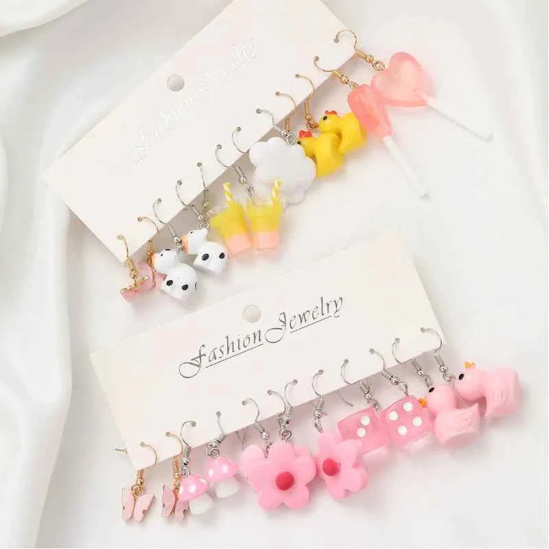 New Sweet Cartoon Dopamine Earrings Set For Women Colorful Cute Duck Butterfly Star Pig Drop Earring Party Earrings Jewelry Gift