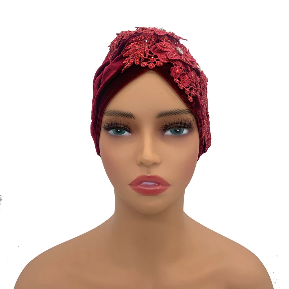 Applique Flower Embroidery Turban Caps for Women Ruffle Velvet Headscarf Bonnet Hat Female Head Wraps Turbante Mujer - NamafadStore