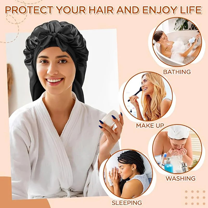 Women long Oversized Elastic Satin Bonnet Sleeping Cap With Ribbon Breathable Sleeping Cap Turban Sleep Headwear Bandanas