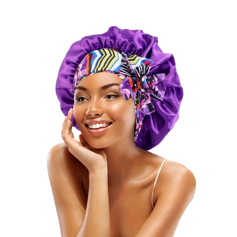 Women's Lace-up Satin Bonnet With Wide Stretch Ties Band Long Tail Bonnet Satin Cheveux Nuit Silky Sleeping Night Cap Bonnets - NamafadStore