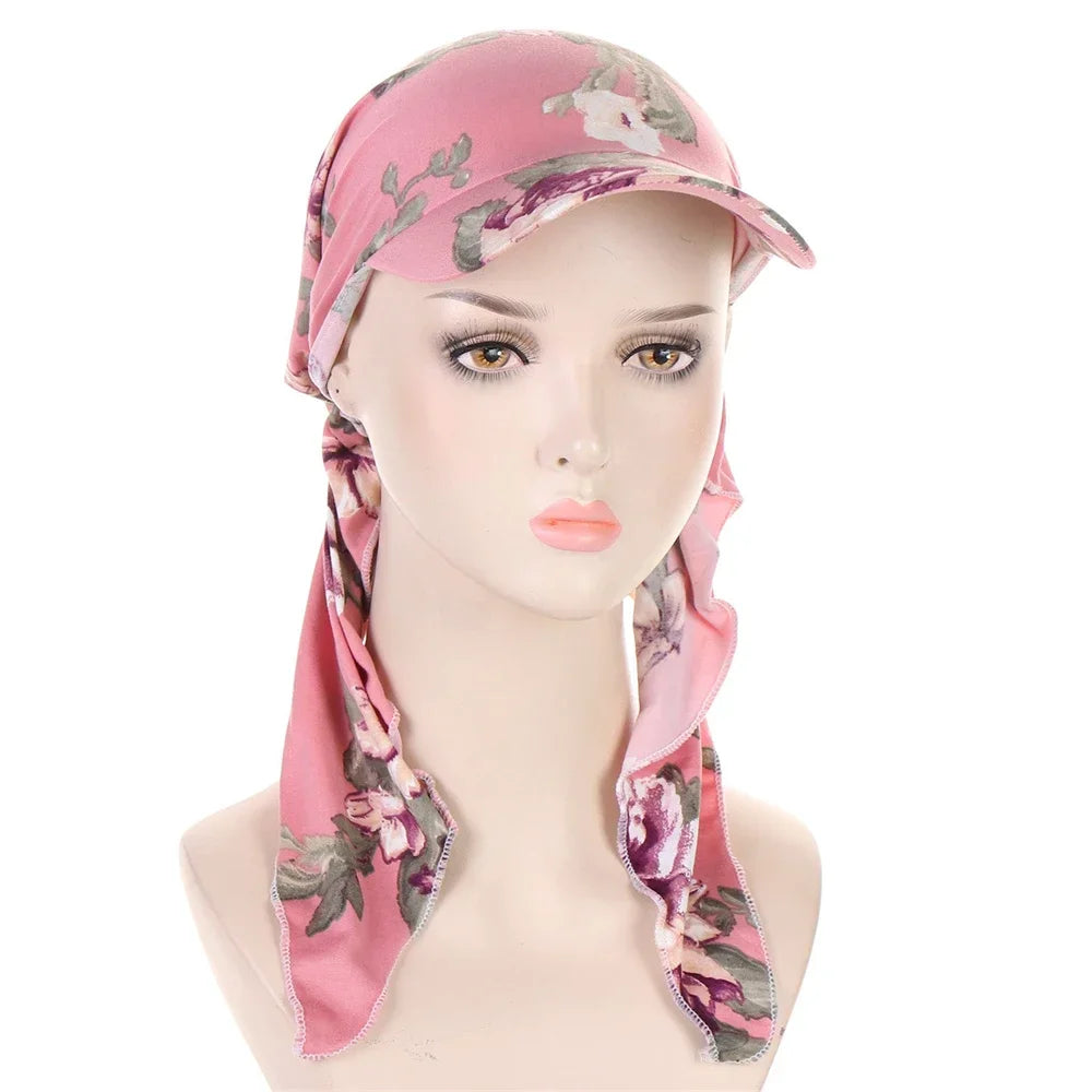 Fashion Muslim Floral Print Hijab Turban Hat for Women Visor Baseball Cap Sun Hats Headscarf Scarf Brim Femme Scarves Bandanas - NamafadStore
